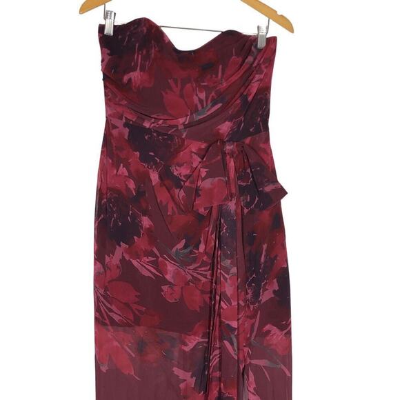 Badgley Mischka Strapless Dress Floral Print Bow Sweetheart Neck Maxi Gown Red 8 - Picture 5 of 10